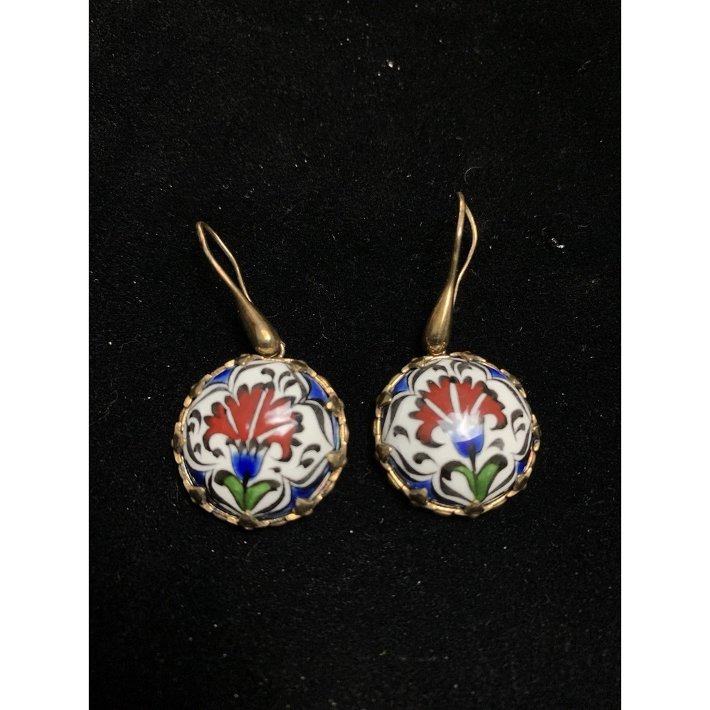 925 Vermeil TJR Pierced Earrings Colorful Detailed Cloisonne Prong Set